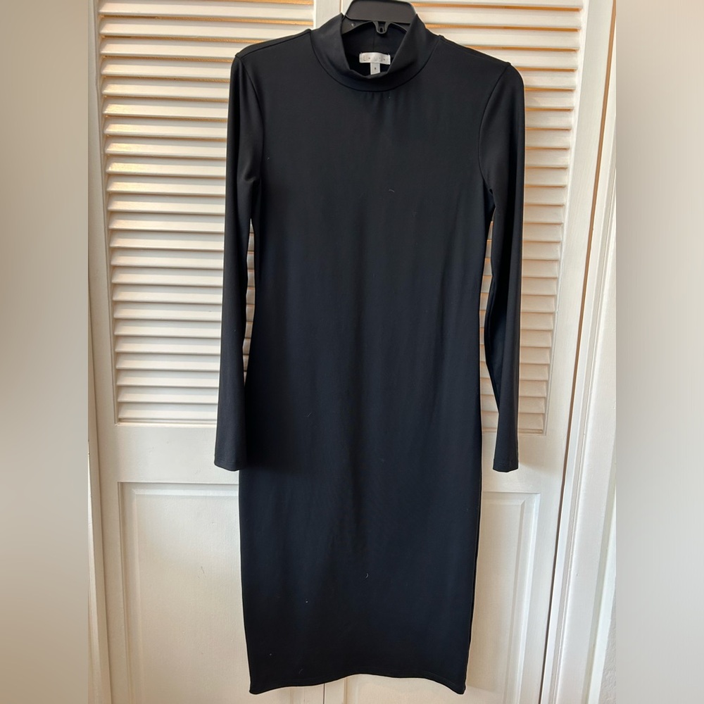 EUC Leith black midi dress, mock collar, full length sleeves